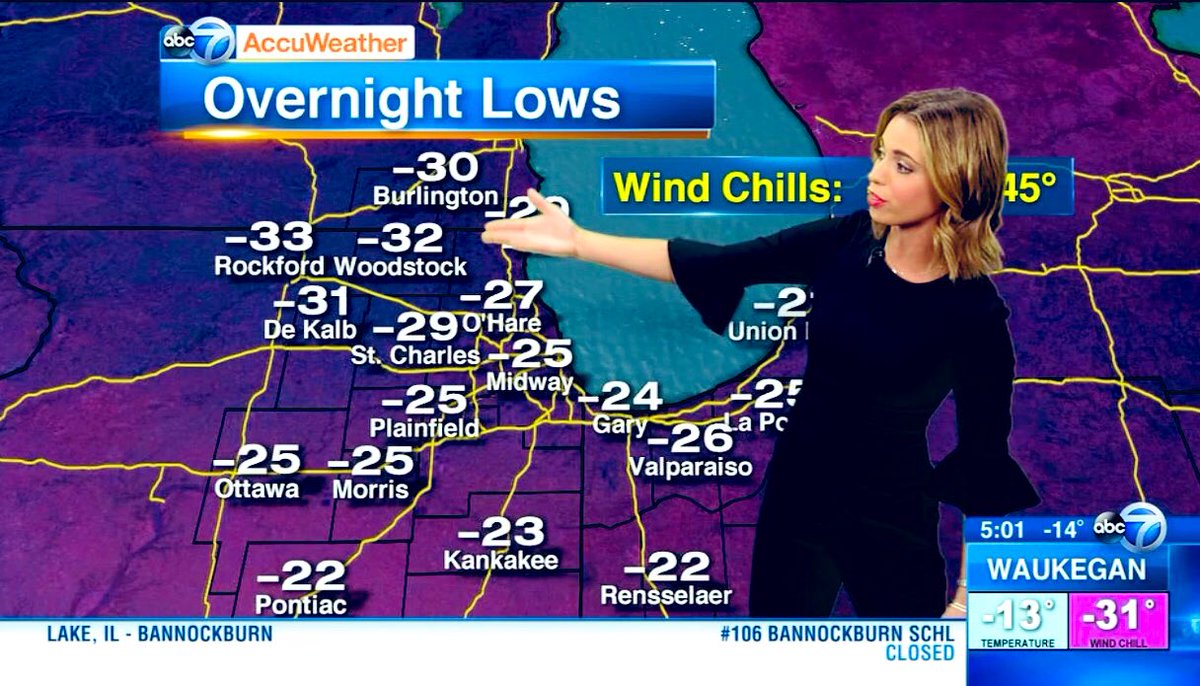 CherylScottWX's tweet photo. I present you with overnight lows tonight! The All-Time record cold temp for Chicago is -27. We will get very close to tying or breaking! #chicago #illinois #chibera #ilwx #inwx #staywarm https://t.co/XkKy4HokxH