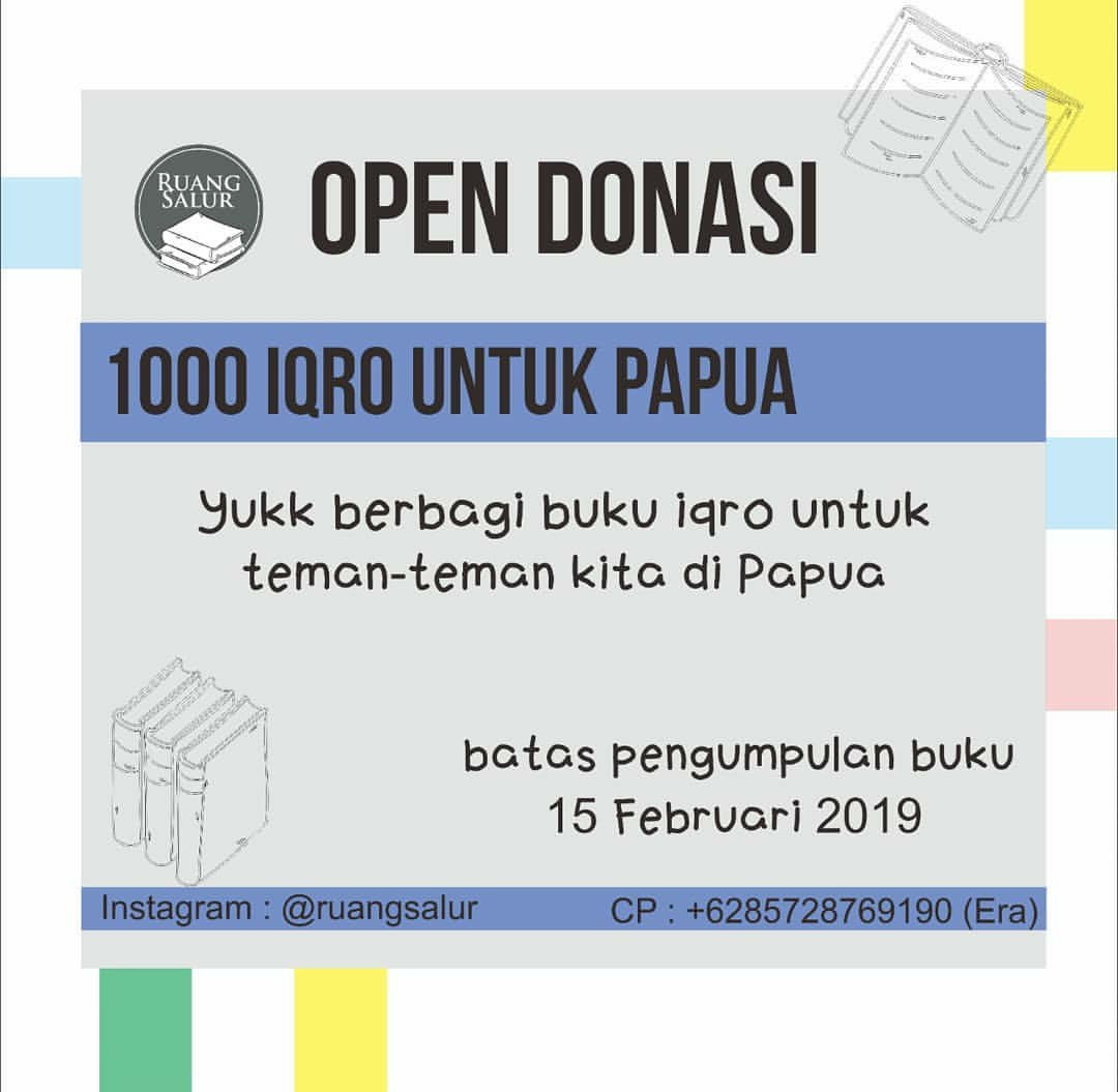 teduuuh's tweet photo. Halo teman Berbagi :)

Bagi teman-teman yg punya buku iqro yg sudah tidak digunakan di rumah &amp; ingin sekali mendonasikannya, yuk donasi kan melalui Ruang Salur (IG: @ruangsalur) untuk teman-teman kita di Papua. 

Batas pengiriman 15 Februari 2009 ya. Khusus Solo bs kami jemput :) https://t.co/aX4uTlQs3s