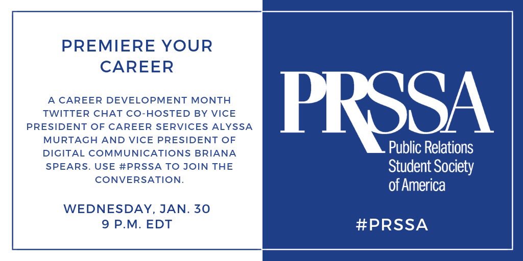 prssaofficial's tweet photo. Less than one hour until the start of the Premiere Your Career Twitter chat! Don’t forget to use #PRSSA and follow @alyssamurt for some of the questions! #PRSSACDM https://t.co/nMfeLGbz2m