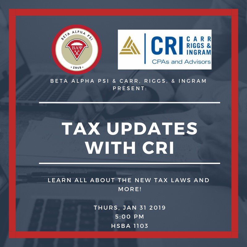 MuZetaBAP's tweet photo. Tax season is here! Come learn about all the new tax laws with CRI &amp; Beta Alpha Psi TOMORROW NIGHT! https://t.co/87bmedq4RN