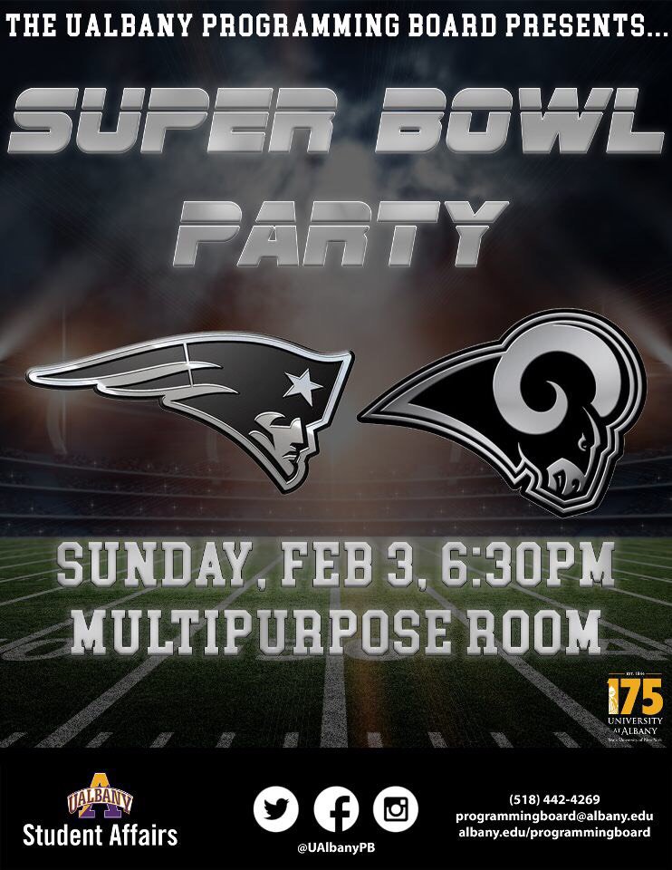 UAlbanyPB's tweet photo. Who's ready for the Super Bowl this Sunday?🏈 UAlbany Programming Board is hosting a Super Bowl Party in the Multi-Purpose Room at 6PM on February 3rd. Free wings, pizza, and soft beverages will be provided!🍗🍕🥤 https://t.co/QIyHb7tyx6