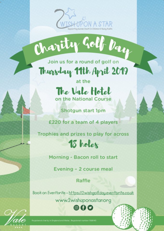 I’ll finish off #CardiffHour with a reminder about the golf day I’m organising for @2wishupon on April 11. Great value for the National Course <a href="/TheValeResort/">The Vale Resort</a> includes dinner &amp; a bacon roll, AND, if you’re not a golfer, why not sponsor a hole &amp; help suddenly bereaved parents? 😊