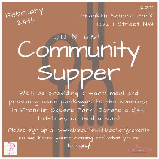 Mark your calendars! February 24th 2pm at Franklin Square Park join us and @ChicDivaGeek as we have the first #CommunitySupper of 2019! We’ll be providing a warm meal and care packages to the homeless in Franklin Square Park. Please come join us!