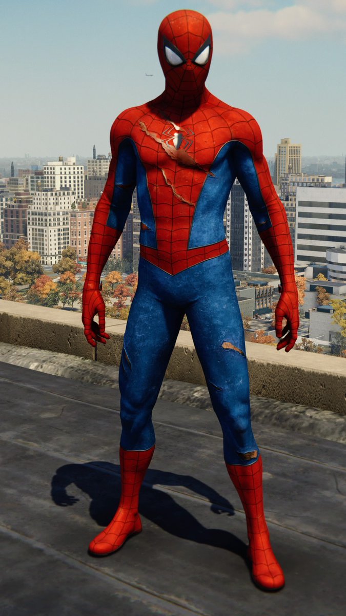 ◦ Classic Suit (Damaged) ◦⌁ suit power: none⌁ gets damaged at the very beginning of the game, before the advanced suit is owned⌁ peter was afraid the rips would reveal his “three chest hairs” to the people of nyc⌁ fun to wear if you’re feeling angsty