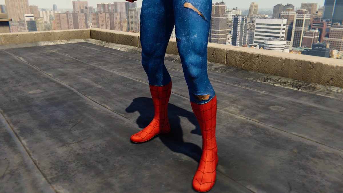◦ Classic Suit (Damaged) ◦⌁ suit power: none⌁ gets damaged at the very beginning of the game, before the advanced suit is owned⌁ peter was afraid the rips would reveal his “three chest hairs” to the people of nyc⌁ fun to wear if you’re feeling angsty