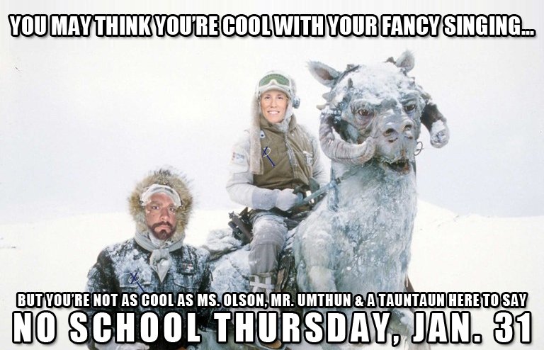 XavierSaints's tweet photo. A live look at the Xavier Parking Lot: It's Principal @AngelaOlson19, AD @XavierSaintsAD, and a Tauntaun with an important message... https://t.co/bspYWpaJEl