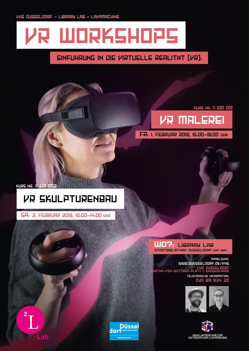 ericgiessmann's tweet image. Am Freitag 1.2. und Samstag 2.2. geben wir in Düsseldorf einen Workshop zum Thema Malerei und Skulpturenbau in virtueller Realität. 
Bei Interesse bitte für einen der Kurse über den Link hier anmelden. Wir freuen uns auf dich!
duesseldorf.de/webbasys/index…