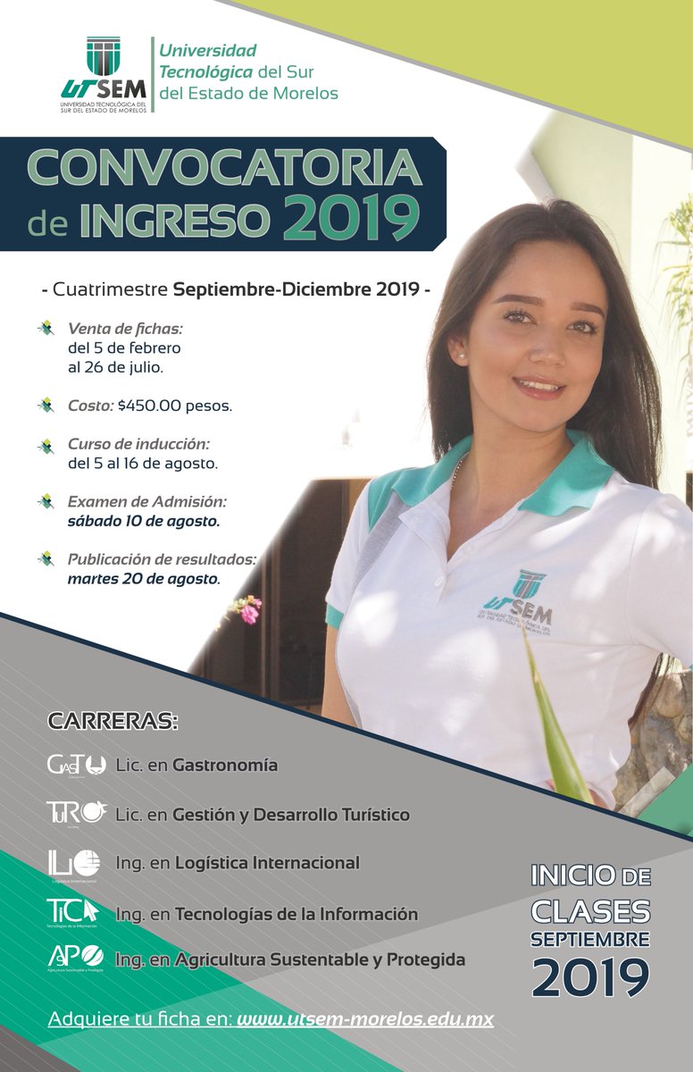 UTSEMor's tweet photo. Estamos a 5 días de iniciar nuestra Convocatoria de Ingreso 2019. Del 05 de febrero al 26 de julio podrás adquirir tu ficha para el examen de admisión a la @UTSEMor. Podrás registrarte en nuestra página de internet: https://t.co/H6Z6hPqPhN #OrgulloUTSEM #OrgulloBúhosVerdes https://t.co/SJYJ42FUTc
