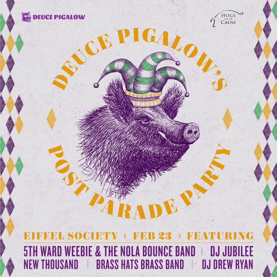 #wearesoback #getleucewithdeuce#deucepigalow #hogsforthecause#renegoodell #5thwardweebie #djjubilee#newthousand #brasshats #djdrew#mardigras #mardigras2019 #nola#WHODAT #charity #danceparty #hogs#timmyguiza #jazzfest #neworleans