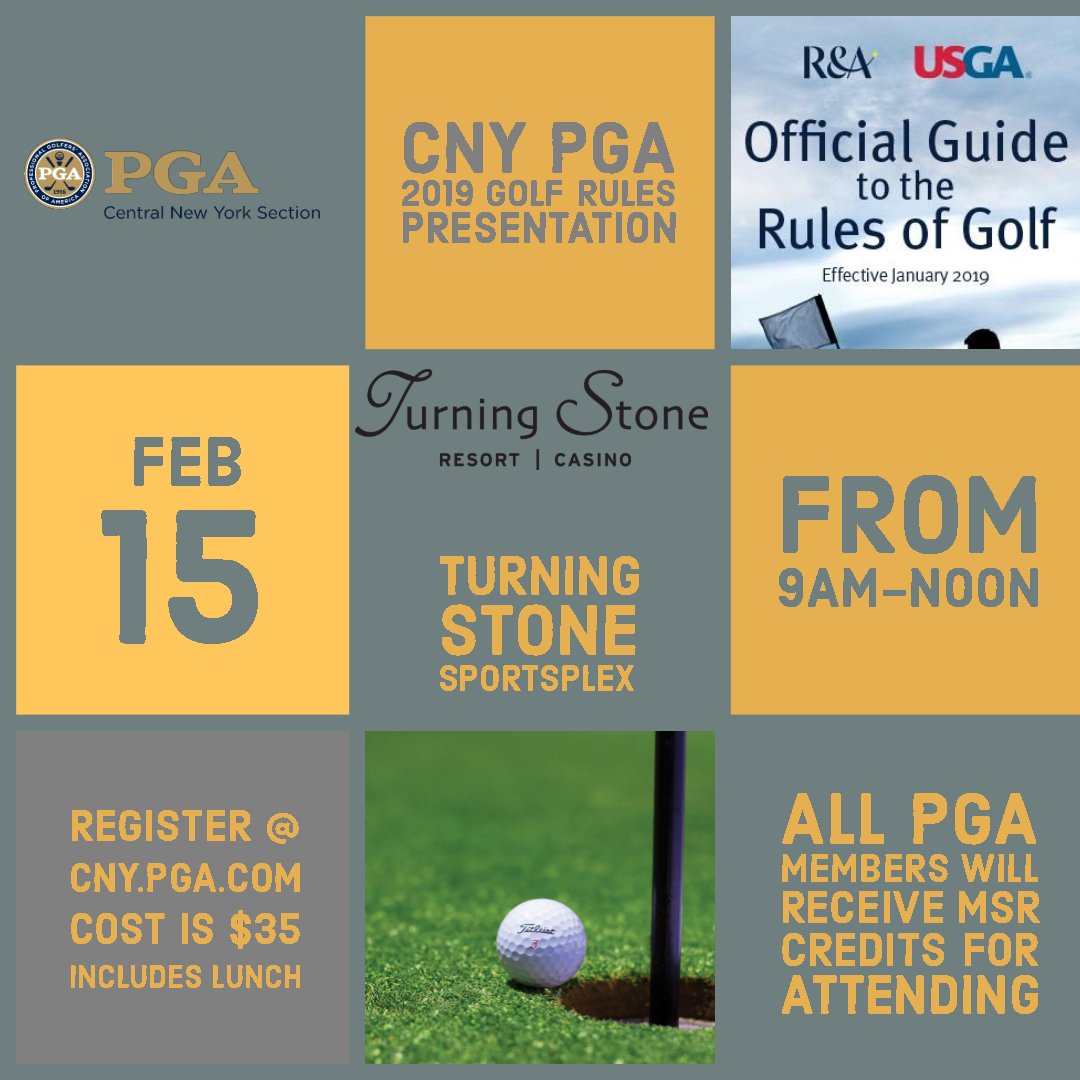 CNYPGA's tweet photo. Registration is now open for our 2019 Rules Presentation @TurningStone on February 15th. Our friends from @NYSGA1923 will be presenting to all of our PGA Members &amp; Associates so please register at https://t.co/tPUIWUG2zg!! #golf #pga #nysga #2019rules https://t.co/7t1bkfqwCm