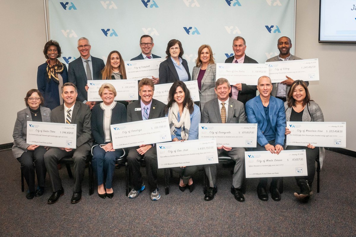 VTA's tweet photo. Big Checks Issued to Cities and County for Local Streets and Roads. See how #MeasureB funds will impact your community. https://t.co/H4qFXIIYLc #thisisvta https://t.co/kdJj7ISMGE