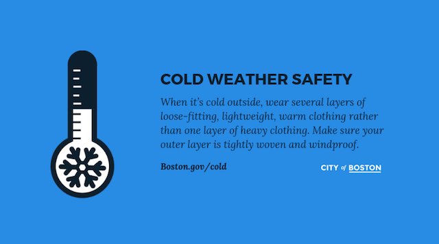 BostonSchools's tweet image. Air temp tomorrow, 1/31, will be at near-record levels and wind chill temps will be well below 0 degrees. @BostonSchools urges all community members to make sure to bundle up and wear multiple layers, a winter coat, hat, and gloves or mittens. Cold safety: boston.gov/cold