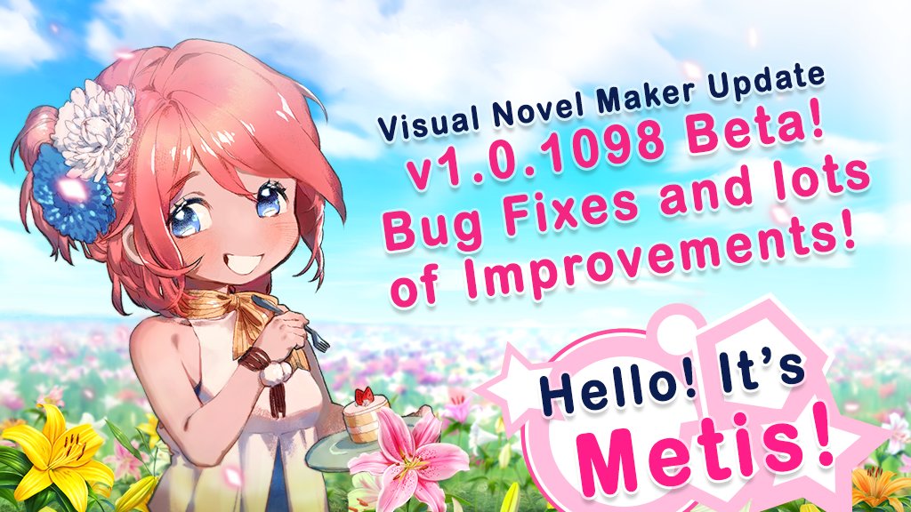 VN_Maker's tweet photo. https://t.co/viUsJzzcYx The latest Visual Novel Maker Update, Version 1.0.1098 BETA, is here! As usual, please make a backup of your project before updating! #visualnovel #vnmaker #vnm #gamedev https://t.co/mCsg0YYrw8