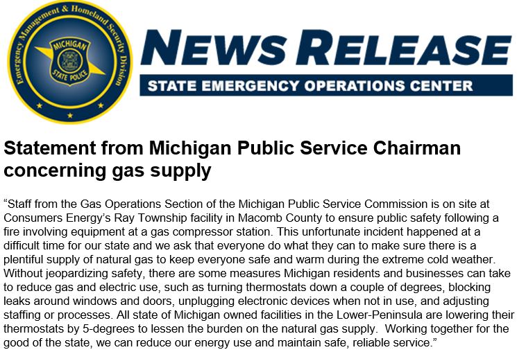 .<a href="/MichiganPSC/">MI Public Service Commission</a> Chairman Sally Talberg urges Michiganians to be mindful of gas use after <a href="/ConsumersEnergy/">Consumers Energy</a> gas compressor station incident.