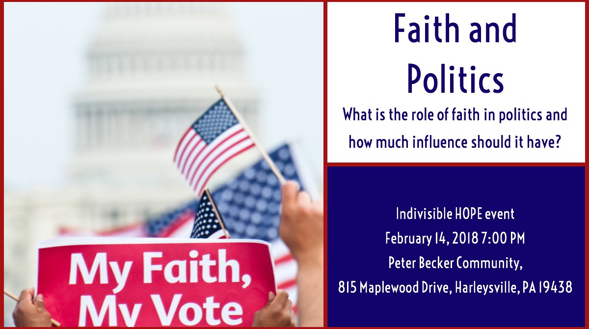 HopeIndivisible's tweet photo. Next Indivisible HOPE meeting: 
What is the role of faith in politics and how much influence should it have? https://t.co/5PrMhhUCOF