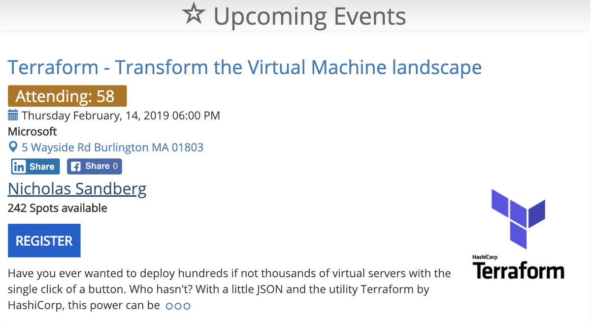 brunoborges's tweet photo. On February 14th, the #NEJUG will host a meetup with Nicholas Sandberg to talk about #Terraform. // @Microsoft is proud to sponsor and host the meetup in our office in Burlington, MA.
Thanks @yevthedev for making it happen!
Details at: https://t.co/YQBWlEVyTC https://t.co/qWD5QuumTR