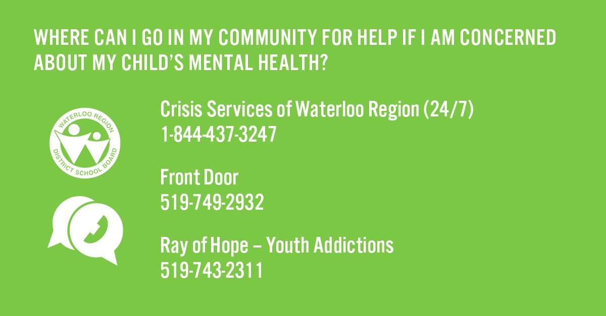 wrdsb's tweet photo. Where can I go in my #KWawesome community for help if I am concerned about my child’s #mentalhealth?

📞 Crisis Services of Waterloo Region (24/7): 1-844-437-3247
📞 Front Door: 519-749-2932
📞 Ray of Hope – Youth Addictions: 519-743-2311

#BellLetsTalk https://t.co/I6bDp9k52i