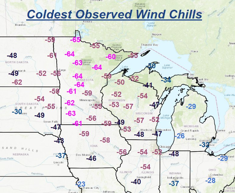 NWSWPC's tweet photo. Map of coldest observed wind chill values thus far. Readings as low as -60 to -65 over MN! As the chart shows, observed wind chill values were the coldest seen since the 1990s or 1980s over much of the area. https://t.co/z5Jkt4GqhR