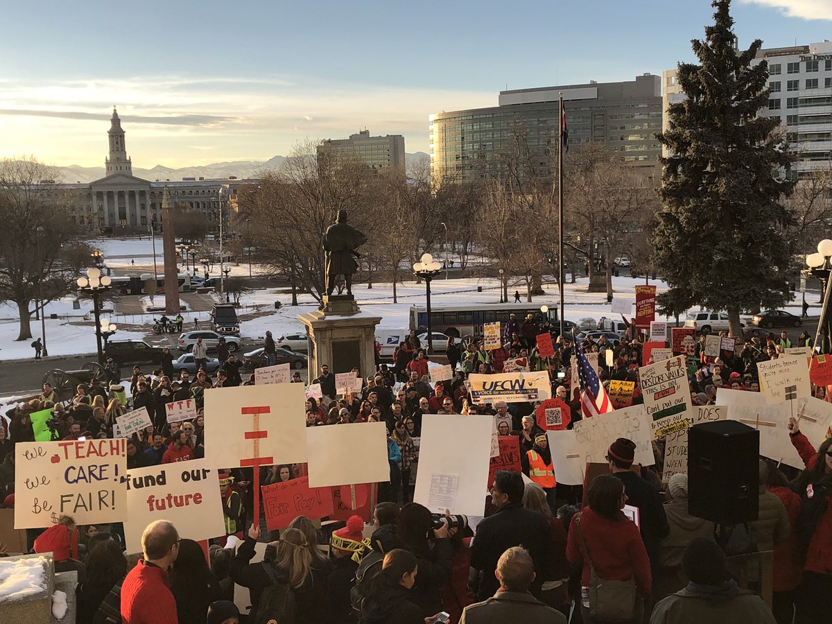 ColoradoEA's tweet photo. Teachers on the west steps of the Capitol? This is becoming a common occurrence. @DenverTeachers @TooDopeTeachers #DCTAStrong #RedForEd #InVESTinEdCO #SchoolsOurStudentsDeserve #PublicEducation #SchoolFunding #edcolo #coleg #copolitics https://t.co/6u7GlyGCjk