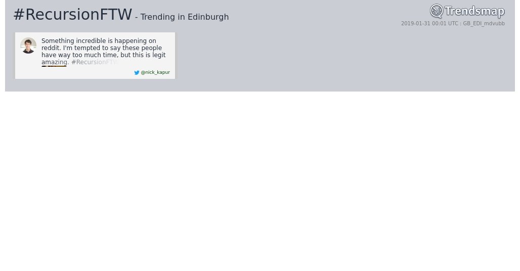 TrendsEdinburgh's tweet image. #recursionftw is now trending in #Edinburgh

trendsmap.com/r/GB_EDI_mdvubb