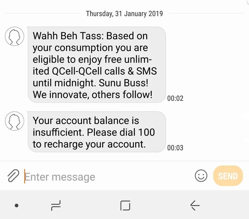 GambianRaised's tweet photo. @QCellgambia what in God's name is this?

What utter crap is happening? So i get WAHH BEH TASS service after midnight when i consumed my 100 Dalasi by 6:00pm and secondly my wahh beh tass finishes instantly after 1 minute and i receive "insufficient credit" notification. https://t.co/32NezcCnTd