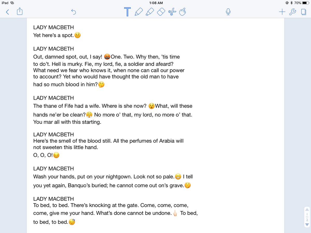 JPRush2's tweet photo. Lady Macbeth spilled the beans while sleep talking in Act 5, Scene 1. The emojis help to further show emotion and meaning in the suspenseful scene.
#en2b #suspeare https://t.co/HWLkhDLGp4