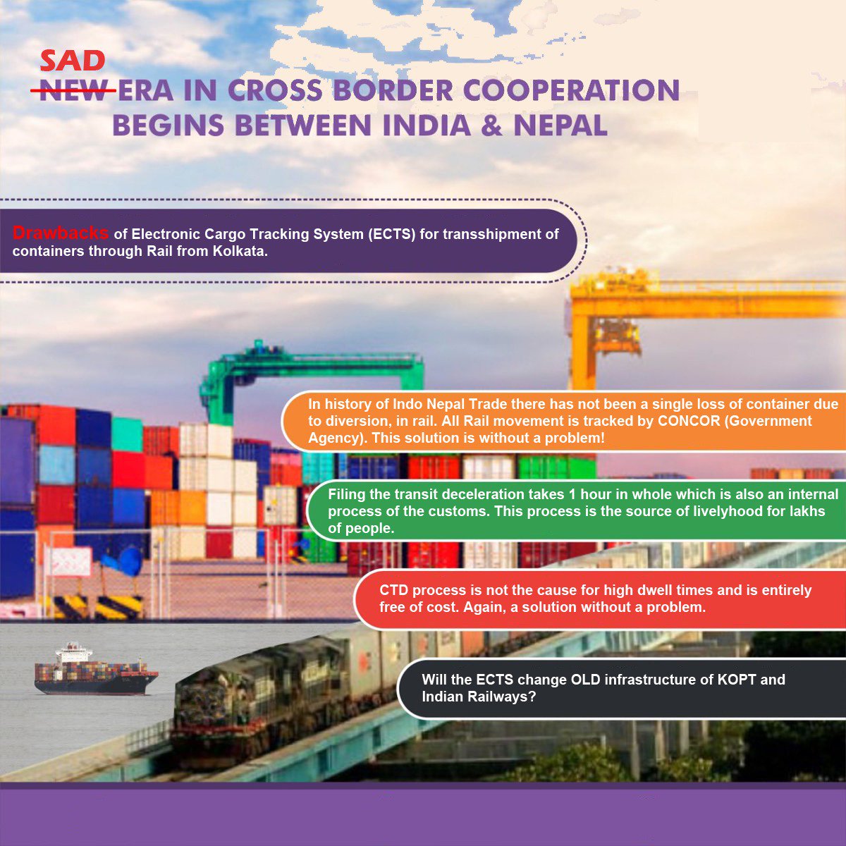himanshugoenka's tweet photo. @cbic_india @IndiaInNepal @EONIndia @FinMinIndia @PIB_India @MEAIndia @IndianDiplomacy @EODB_India @CUSTOMS_EAST @shipmin_india @DoC_GoI @RailMinIndia Sad era in cross border cooperation begins between India &amp; Nepal. Implementation of ECTS will immediately lead to unemployment of more than 1 lakh Indian citizens and is handing critical trade information to pvt international companies https://t.co/3rmF8RAGxr