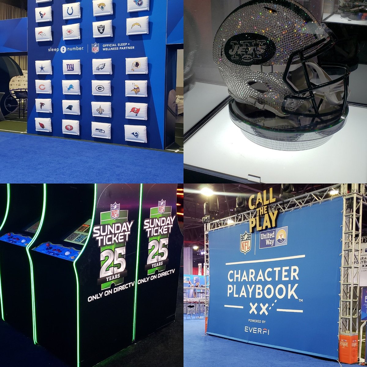 joefav's tweet photo. Some of the good #nflexperience @atlsuperbowl53 activations, bejeweled helmets from @Jostens, @sleepnumber pods, old school video games from @DIRECTV , social ties to #calltheplay from @EVERFI #sportsbiz #RadioRow #SuperBowl #nflmedia https://t.co/Oag3VWbHxx