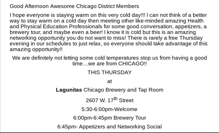 Don't forget to attend tonight's <a href="/ChicagoIAHPERD/">Chicago District IAHPERD</a> 's social and get to know you meeting tonight.