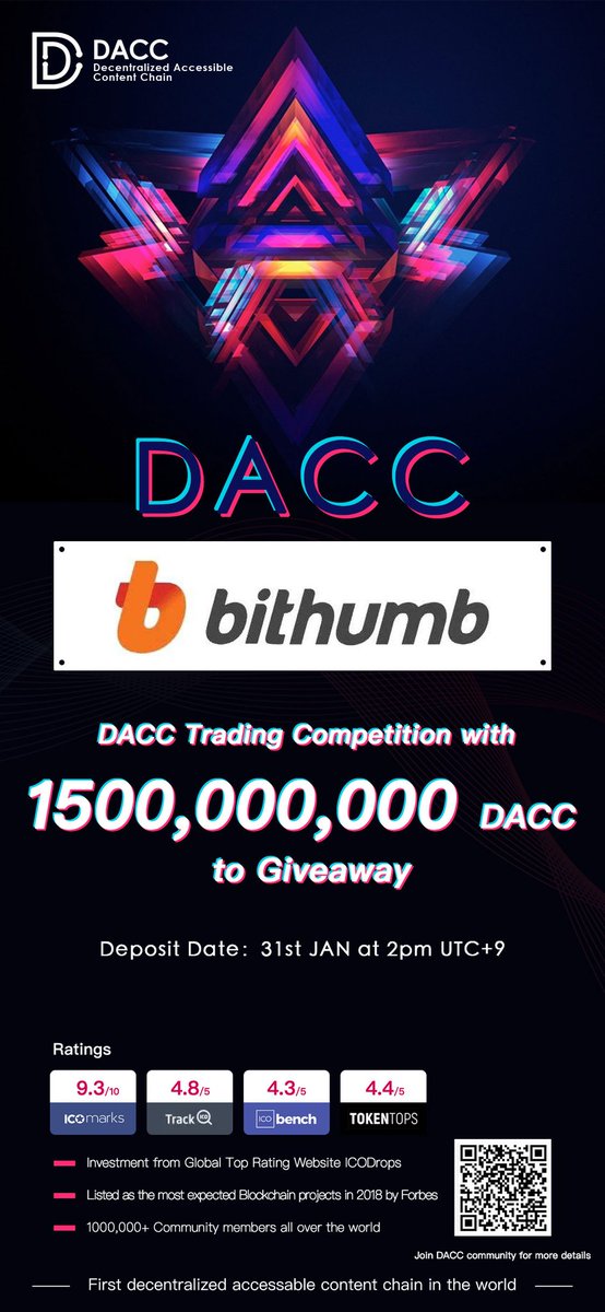 DACCblockchain's tweet photo. 🔥We are very pleased to announce that #DACC is listed on #Bithumb @BithumbOfficial, Korean Major Exchange👍! 
🛎DACC deposit will open on 31st JAN, 2019 at 2pm UTC+9. 
🛎Trading time will be announced soon.
@Sky201805 @BithumbOfficial @Bithumb_Korea https://t.co/BZ7H11jQUP