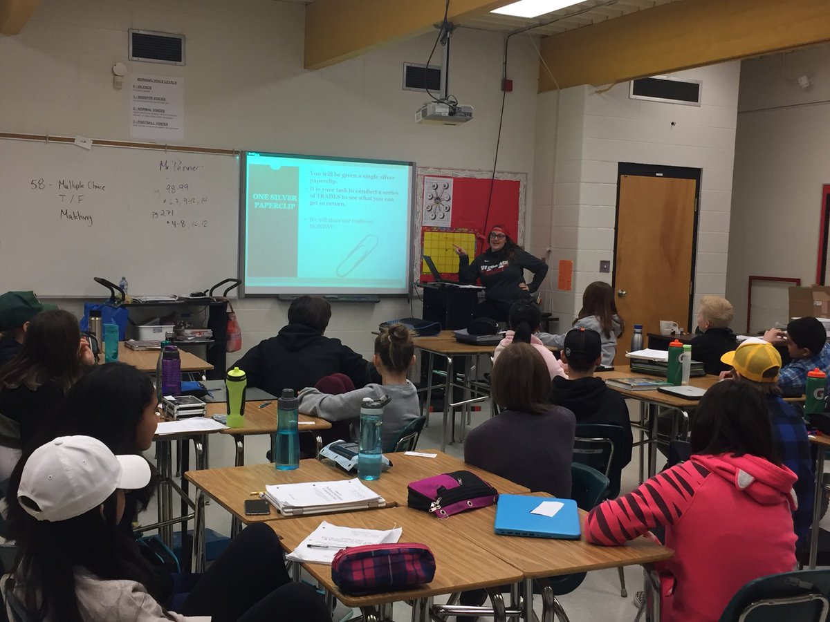 shayepatras's tweet photo. Students in ⁦@MsYoung4321⁩ learning about the red paperclip story and trying it out themselves. A few have already traded up significantly. One already had a charge cord and box for his iPhone! Lots of fun&amp;learning for ⁦@WoodhavenMS⁩ kids! #whpack #psd70 https://t.co/WeFqOJfdcE