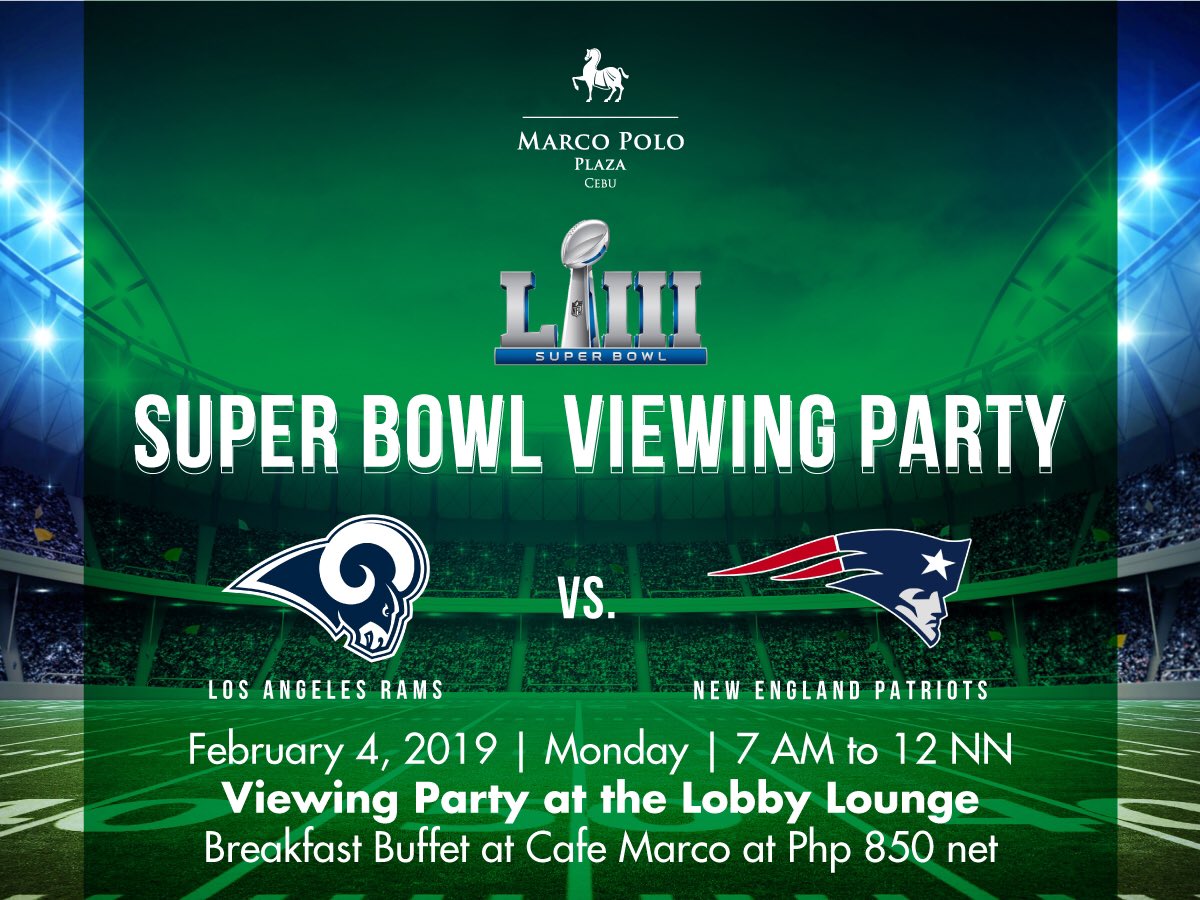 5StarInCebu's tweet photo. Don’t miss one of the biggest sporting events of the year!
Watch #SuperBowlLIII Live at the Lobby Lounge! Breakfast Buffet at Café Marco is at Php 850 net! 

#SuperBowl #MarcoPoloCebu #Cebu https://t.co/dNlNqELmer