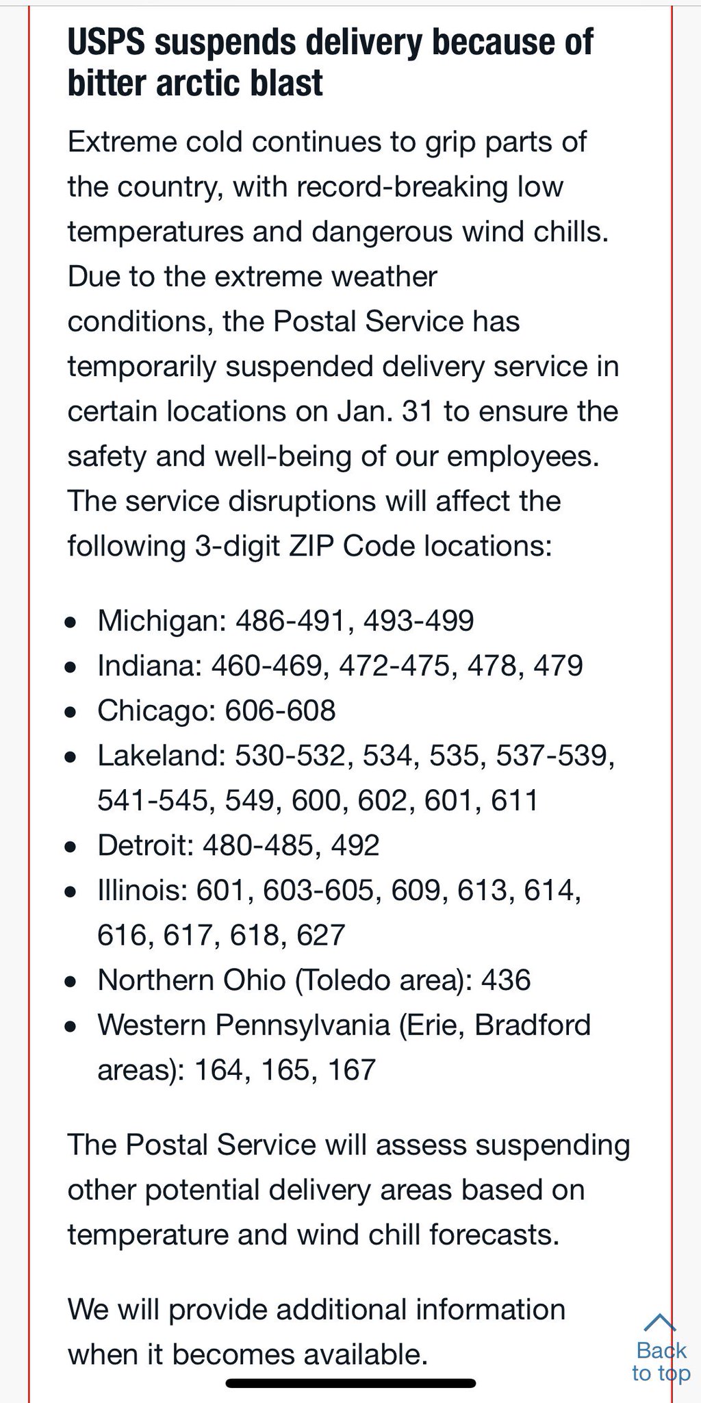 Andrea Butera The Usps Is Suspending Delivery Service Again Thursday 01 31 Due To The Dangerously Cold Temperatures This Disruption Affects Parts Of Mi Il In Oh And Pa Info T Co Kievndsvdc