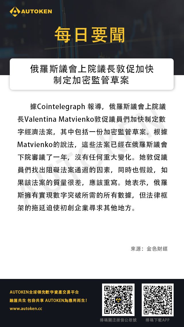 autokencs's tweet image. 俄羅斯議會上院議長敦促加快制定加密監管草案
#daily #news #autoken #blockchain #cryptocurrency #區塊鏈 #金融科技 #加密貨幣 #俄羅斯 #加密監管草案