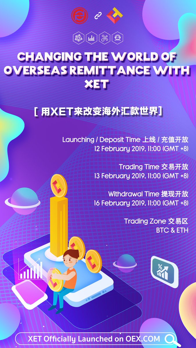 oexcom's tweet image. XET will be launching on 12 Feb 2018! Stay tuned for more updates! 🎉😄👍🏼 

#cryptocurrency #Crypto #tradingcrypto #blockchaintechnology #Blockchain