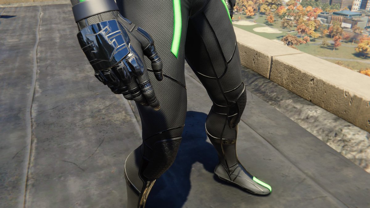 ◦ Stealth (“Big Time”) Suit ◦⌁ suit power: creates a distortion field that obscures you from non-alerted enemies’ vision (makes you invisible)⌁ actually like the green⌁ don’t wear it often but it’s cool⌁ created in the comics to counteract hobgoblin’s sonic screams