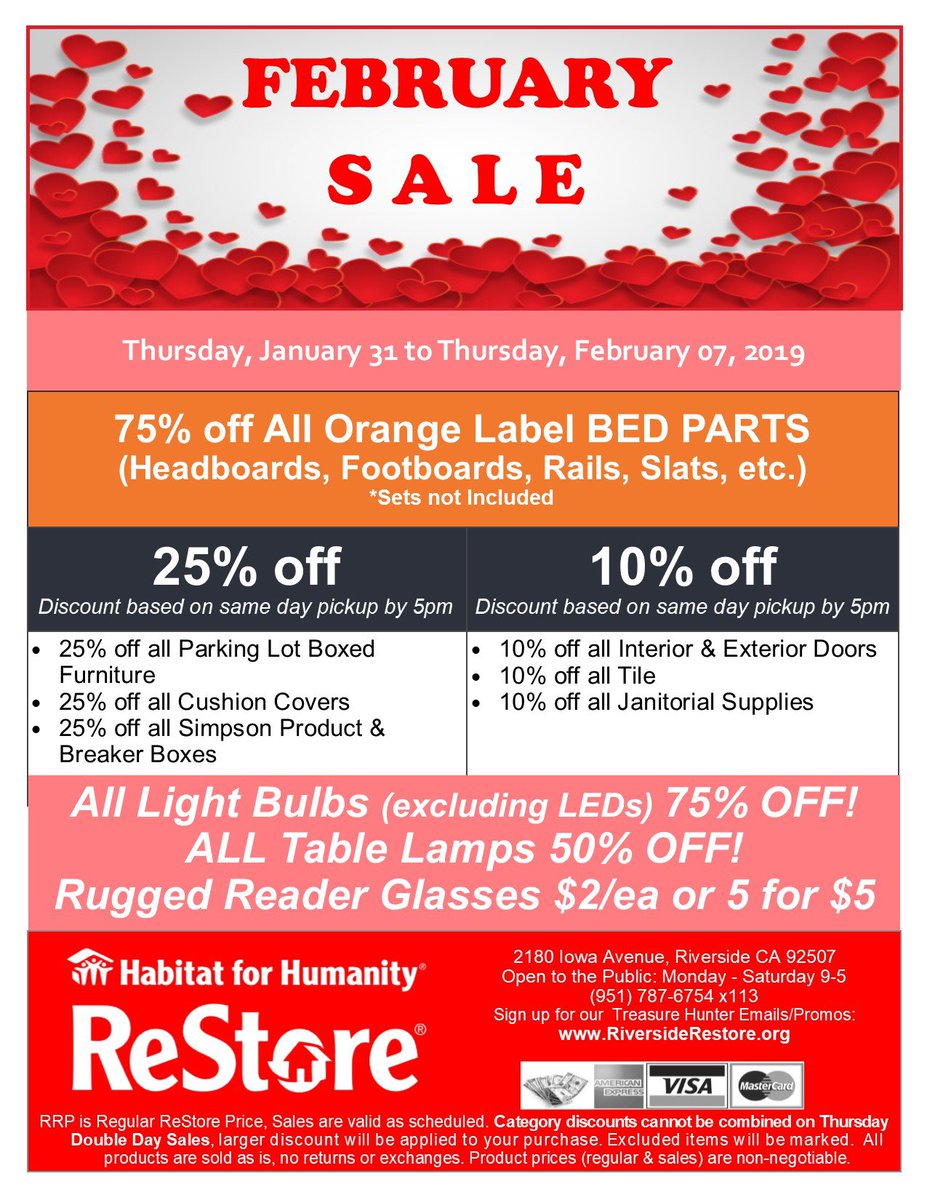 Your Riverside ReStore is kicking off February with a sale that you're going to LOVE! (See what we did there?) And don't forget Double Sale Thursdays! Shop on Thursdays and take advantage of both week's sales! Come on down, and bring the one you love!