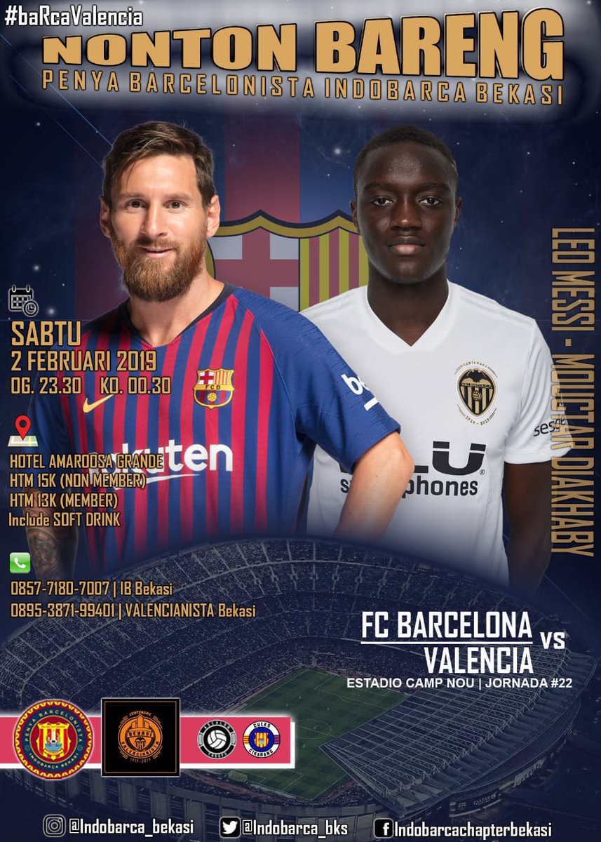 #NOBAR

🏆 La Liga Santander jorda 22
⚽ BARCELONA 🆚 VALENCIA
🏟 CAMP NOU STADIUM
📅 SABTU,02 FEBRUARI 2019
⏰ O.G 23:30 WIB
⏰ K.O 00.30 WIB
🏢 Hotel Amarossa Bekasi
💵 Member 13k
💵 Non member 15k
📲 0857 7180 7007
     (<a href="/INDOBARCA_BKS/">PB INDOBARÇA BEKASI</a>)
📲 0895 3871 99401
     (<a href="/Valencian_BKS/">Valencianista Bekasi 🦇💯</a>)