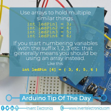 invntelectronix's tweet image. Using Arrays in Your Arduino coding
#ArduinoTips