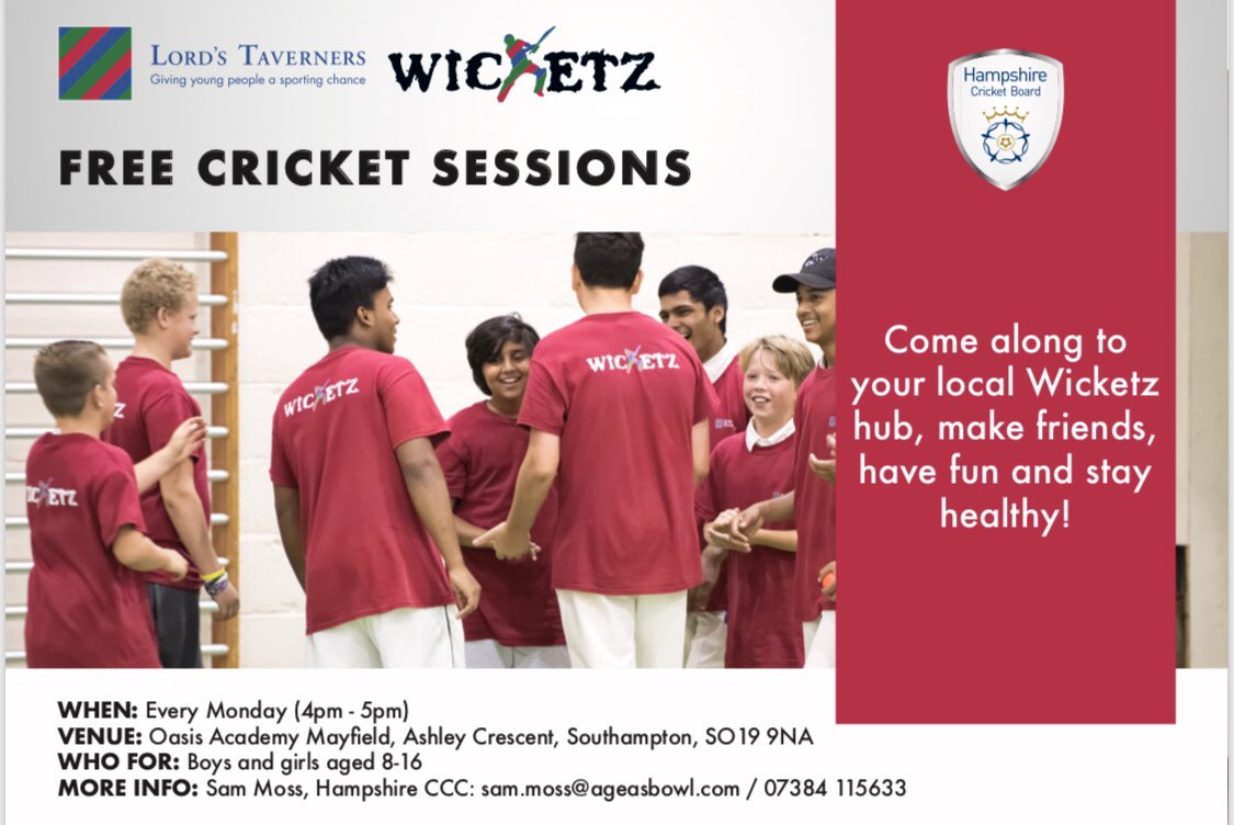 WicketzSoton's tweet image. #Free cricket sessions at @OasisMayfield for boys and girls aged 8-16. Full details are below! This is one of 3 #Wicketz locations in #Southampton🏏. Everyone is welcome👍 Please RT.