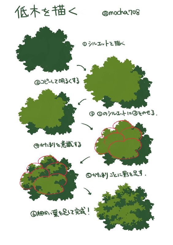 I found this by looking for references for trainees in our studio. My process is very similar and it is useful to understand the organic diffusion of vegetation.
First one by @mocha708, second by DOngIck Lee, third by @yoshida_seiji, last by @minamotoii 