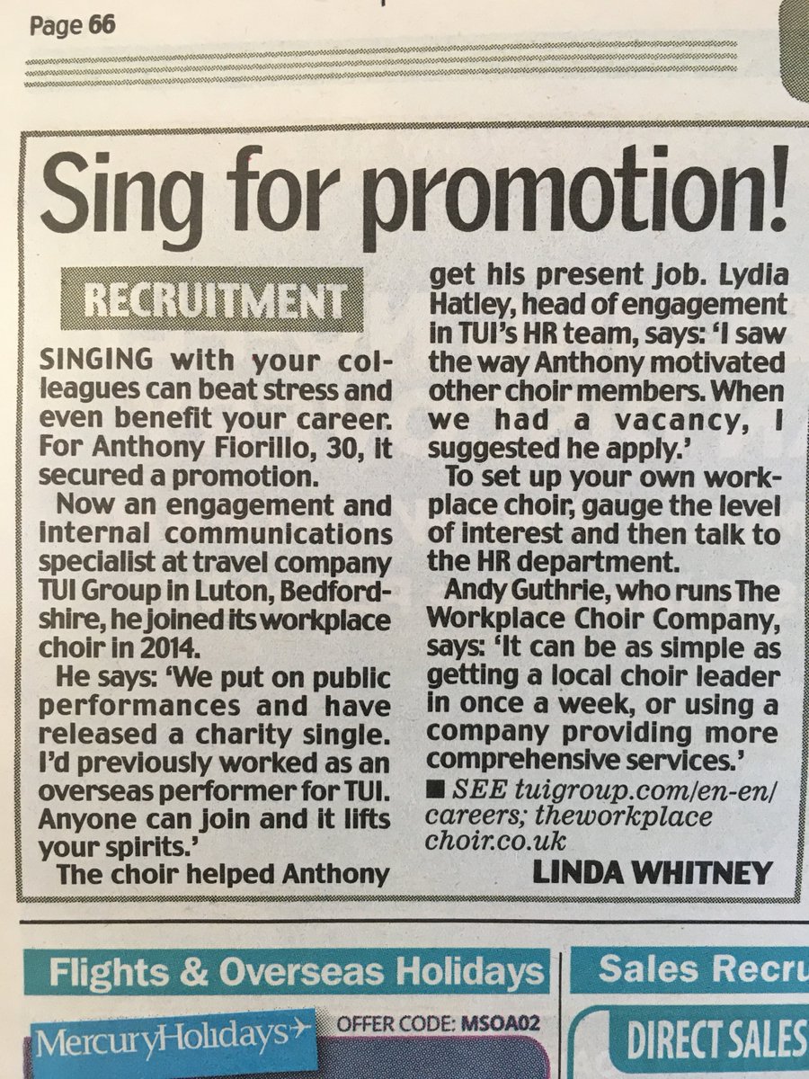 singatwork's tweet image. Congratulations to Ant, Lydia and the TUI UK&amp;amp;I workplace choir! Great to see this piece in today's Daily Mail #workplacechoir #news #singatwork #TUI