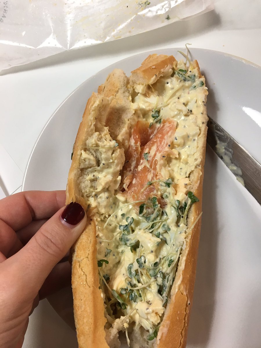 Dimarques84's tweet photo. @Pret for what is not the first time, I bought a salmon and egg mini baguette from Pret in the city and the salmon was barely a feature! These are not cheap at the beat of times and when you don’t even get what you pay for it’s ridiculous! Sort yourselves out!! https://t.co/srzR4EW6lT