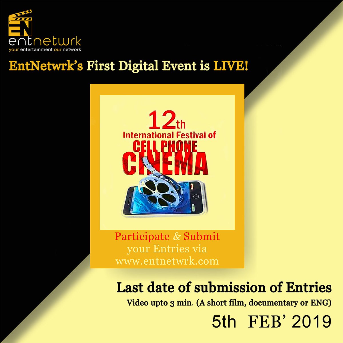 HitFameOfficial's tweet image. 4 Days To Go! 🤩👏 
Participate in the International Festival of Cellphone Cinema &amp;amp; get a chance to Win 2 Lacs. 😃
#InternationalFestivalOfCellphoneCinema #IFCPC #IFCPC2019 #Entnetwrk #VideoCompetition #SignUpNow #SubmitEntries #5thFebruary2019 @entnetwrk @sandeepmarwah