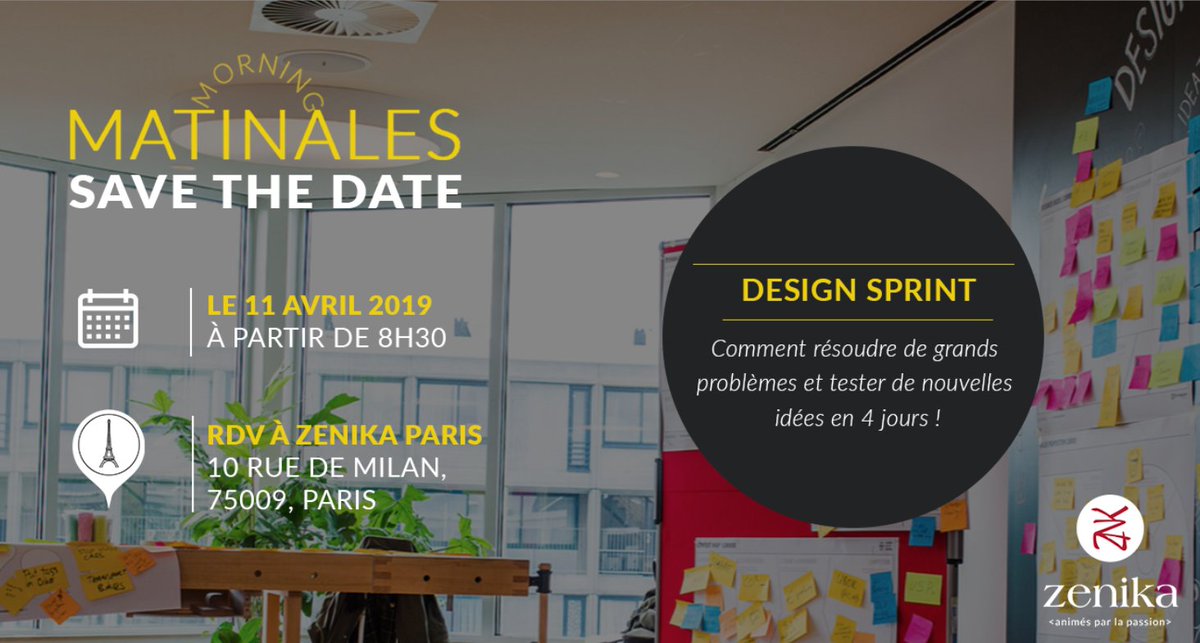 [SAVE THE DATE ] ⏰ Jeudi 11 avril à Paris ⏰ Résoudre de grands problèmes et tester de nouvelles idées en 4 jours ?! Oui, c'est possible ! Pour savoir comment, inscrivez-vous à notre MATINALE Design Sprint 👉 eventbrite.fr/e/billets-mati…
