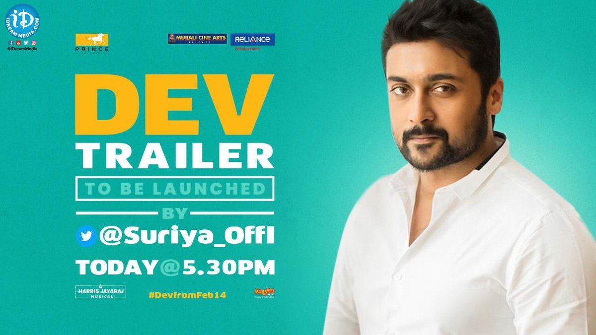 iDreamMedia's tweet image. .@Suriya_offl will be launching @Karthi_Offl's  #DEVtrailer today at 5:30 PM!!

#Suriya #Karthi @Rakulpreet @RajathDir @Jharrisjayaraj 

#DevonFeb14 #DevTrailerFromToday #iDreamMedia

Subscribe to bit.ly/IDreamMedia