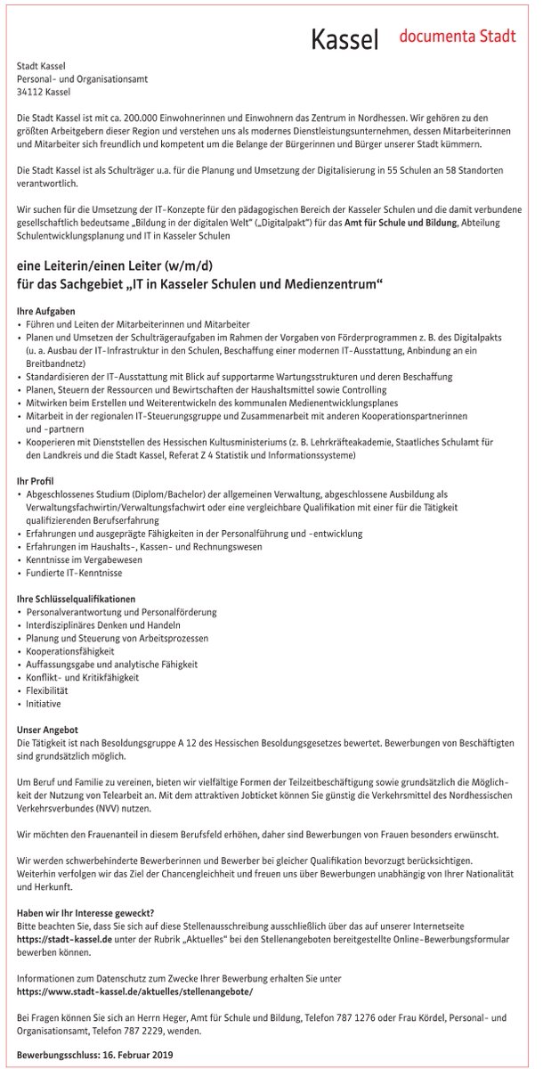 Die Stadt #Kassel sucht für das Amt für #Schule und #Bildung, Abteilung Schulentwicklungsplanung und IT in Kasseler Schulen, eine Leiterin/einen Leiter (w/m/d) für das Sachgebiet "IT in Kasseler Schulen und Medienzentrum".
Hier geht's zum Stellenangebot: 
bit.ly/KSJob