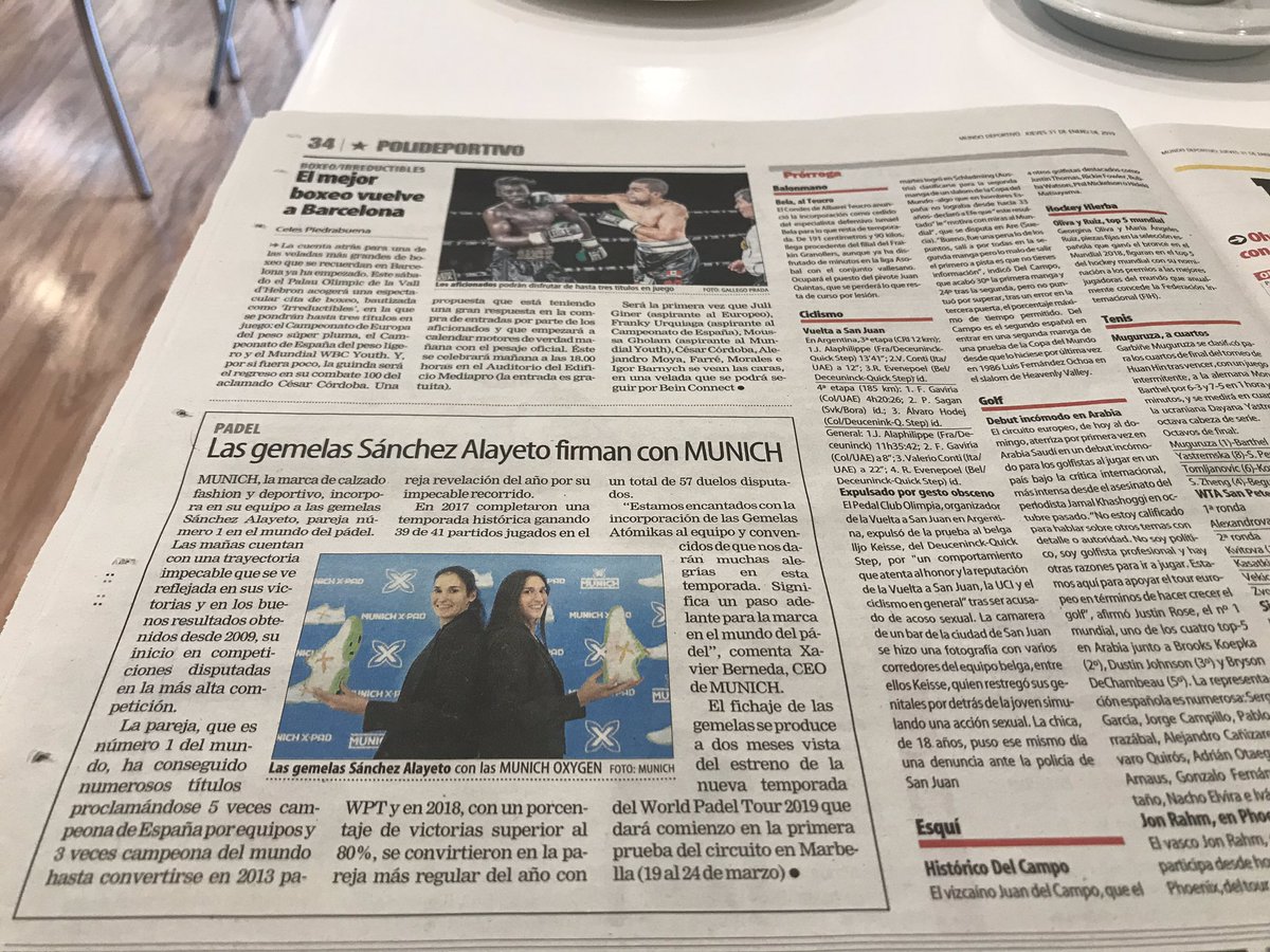 #BuenosDias 
Hoy desayunamos leyendo la prensa deportiva y ..... ohhhh SORPRESA 😱
El fichaje <a href="/munichsports/">MUNICH Sports</a> de las #1 del #PadelFemenino <a href="/majosalayeto/">Majo Sánchez Alayeto</a> y <a href="/MapiSAlayeto/">Mapi Sánchez Alayeto</a> en las páginas centrales de <a href="/mundodeportivo/">Mundo Deportivo</a> 👏👏👏
#GemelasXPad #Padel #MunichPadel