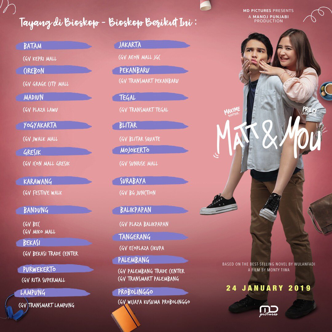 MattNMou's tweet photo. [UPDATE] Kamu masih bisa nonton #MattNMou di sederet bioskop ini. Yuk, tonton sekarang juga! 💙💖

#PrillyLatuconsina
#MaximeBouttier https://t.co/NnSPh8IESC
