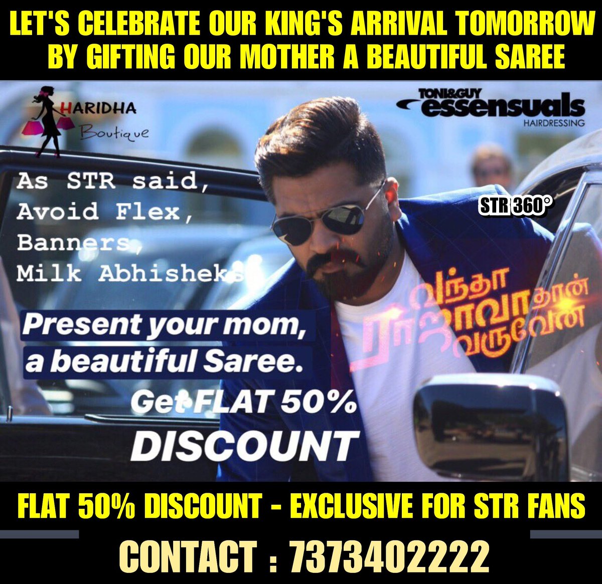 STR_360's tweet image. Gift your mother a beautiful Saree &amp;amp; celebrate our King #STR 's #VanthaRajavathaanVaruven Releasing Tomorrow! 👑 #VRVFromTomorrow #VRVRagingFromTomorrow #Simbu 

Contact : 7373402222